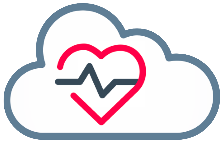 Red heart outline with dark gray heartbeat line on cloud with medium gray border