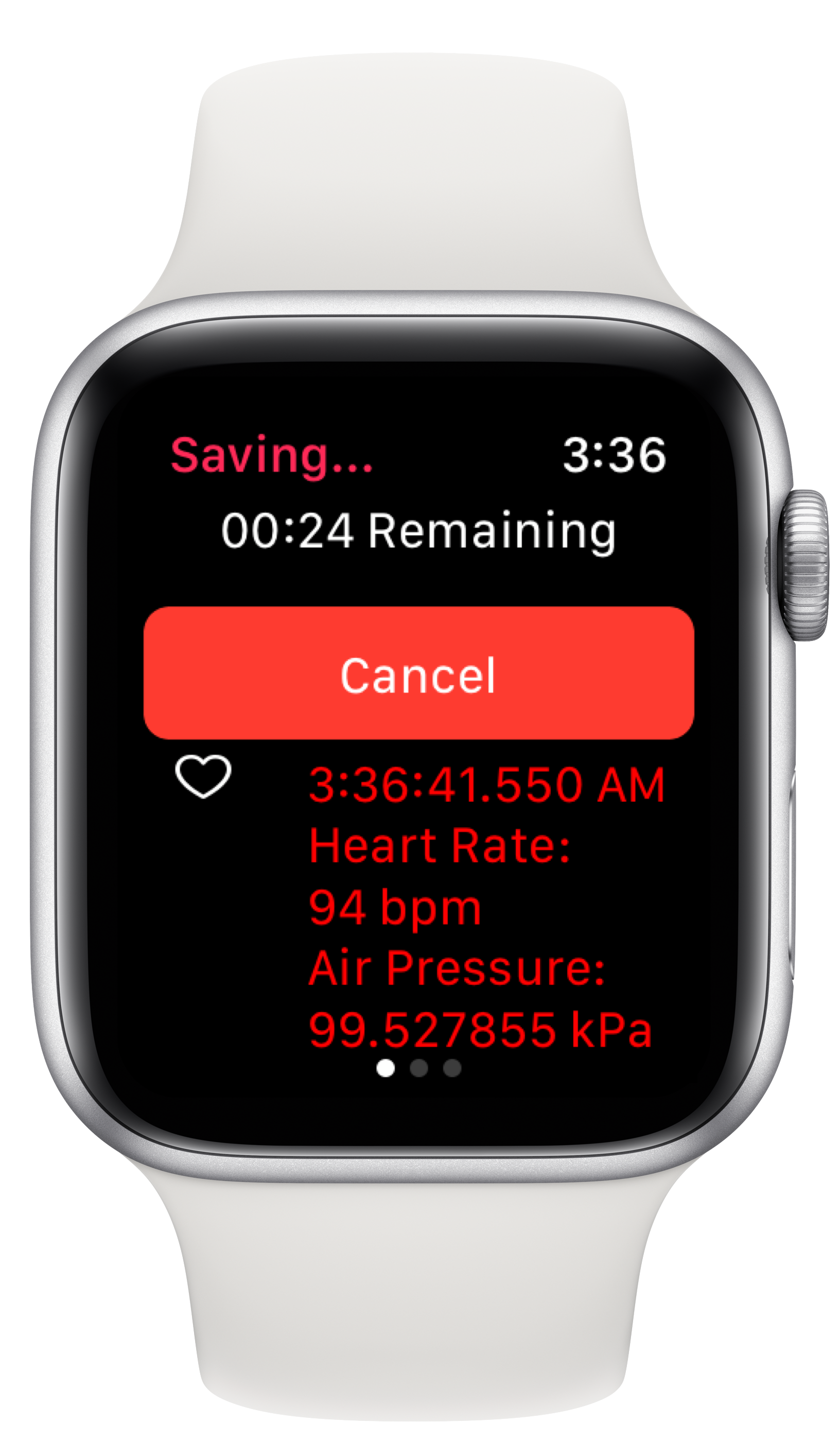HeartCloud Sync Apple Watch app on Apple Watch with white band showing a countdown timer (24 seconds left), heart rate bpm and air pressure kPa data in red