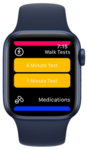 HeartCloud Sync Apple Watch app on Apple Watch Series 6 with blue band showing a 6-minute walk test in progress (distance walked so far, heart rate, elevation , time remaining)