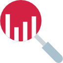 Magnifying glass with red lens containing white pie chart