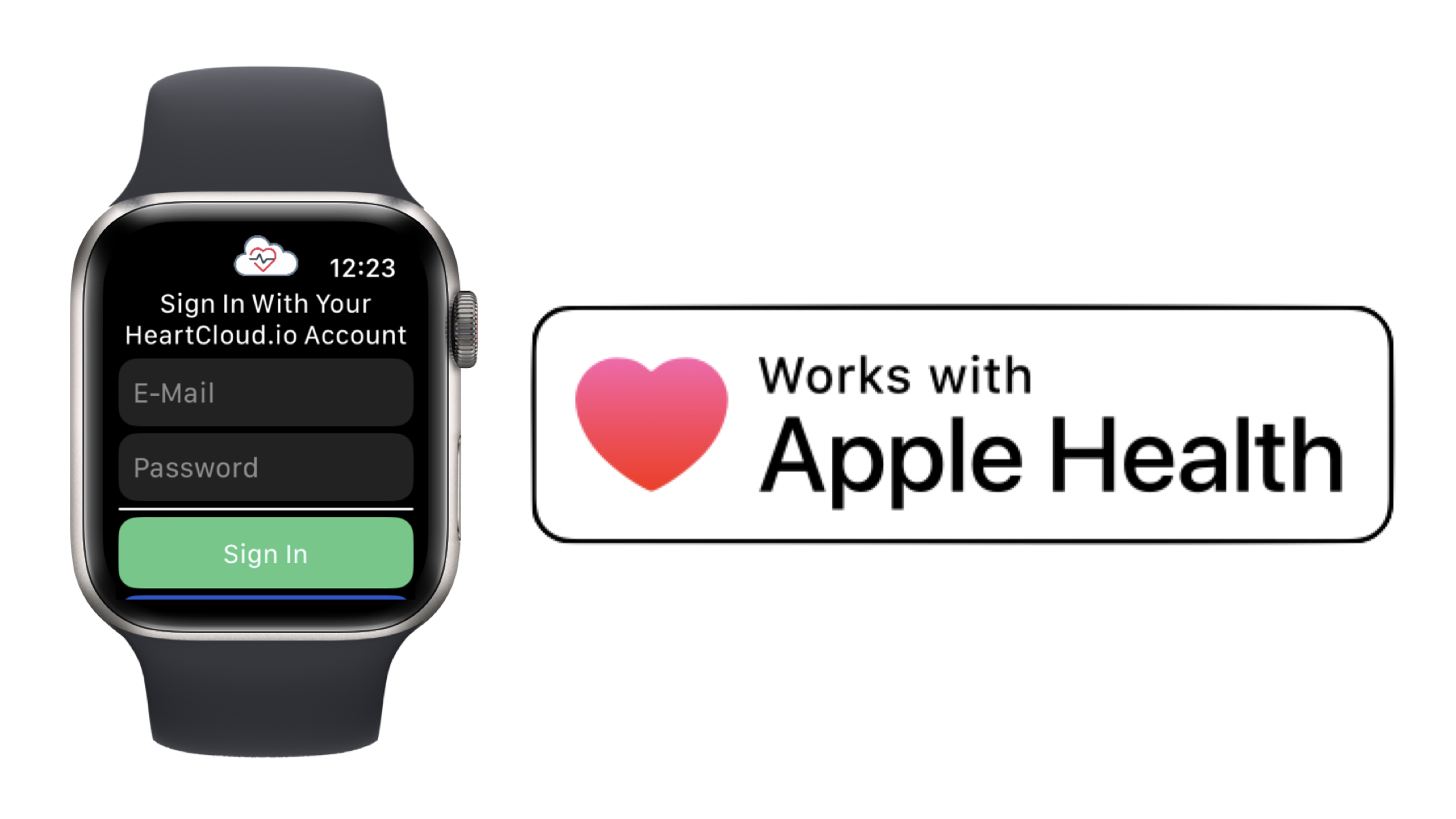 "Works With Apple Health" official banner to the right of an Apple Watch with the HeartCloud Sync for Apple Watch app login view (vertically: the HeartCloud logo, e-mail and password input fields, green "Sign In" button)